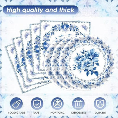 41Pcs Blue White Floral Party Decorations Disposable Tableware Set Serves 20 - Image 3