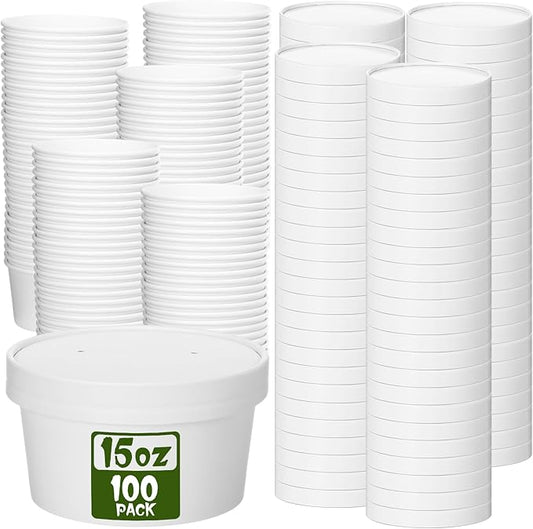 Fulmoon 100 Pack Paper Soup Containers with Lids Disposable Paper Food Containers with Vented Lid Kraft Ice Cream Cake Dessert Cups Soup Bowl for Party Hot Food Fruit Microwave(15 oz,White)