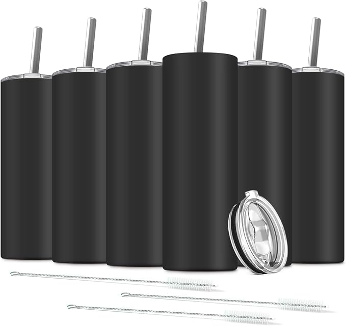 6 Pack Stainless Steel Skinny Tumbler, 20 OZ Double-Insulated Water Tumbler Cup by Deitybless