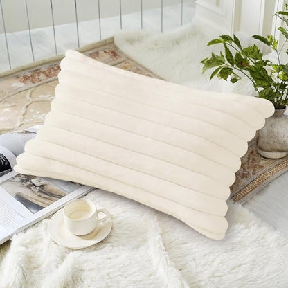 decorUhome Cozy Faux Fur Throw Pillow Covers 12x20 Set of 2 Decorative Soft Plush Striped Lumbar Modern Farmhouse Boho Couch Pillow Cases with Velvet Back for Sofa Bed Living Room, Cream White