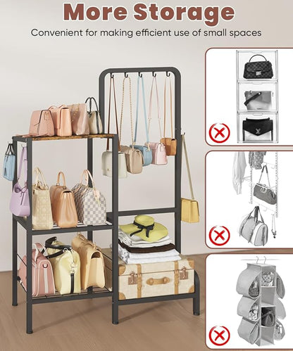 Floor-Standing 3-Tier Purse Organizer, High-Capacity Bag Holder with 8 Hooks, Multi-Functional Purse Rack for Various Bags, Handbag Display Stand Shelf for Closet, Bedroom, Entryway, Black