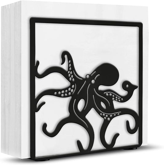 Octopus Napkin Holder for Table Countertops, Matte Black Decorative Standing Napkin Dispenser for Kitchen Dining Outdoor, Farmhouse Metal Paper Cocktail Napkin Storage Holder