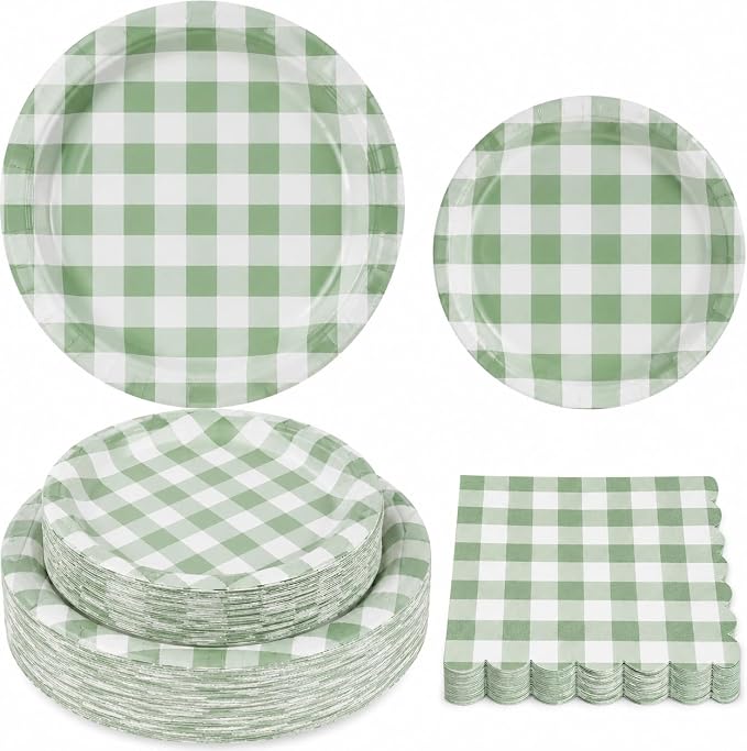 150PCS Sage Green Gingham Paper Plates and Napkins Serve 50 Guest Party | Green by RVXHUA