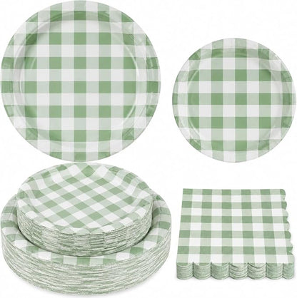 150PCS Sage Green Gingham Paper Plates and Napkins Serve 50 Guest Party | Green by RVXHUA