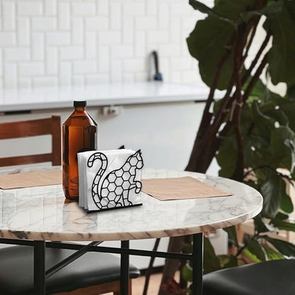 Hexagon Cat Decorative Black Metal Napkin Holder for Table, 4.9" x 4.7" x 2" Kitty Animal Standing Napkin Holder for Home Kitchen Restaurant Picnic Party Coffee Bar Dining Room