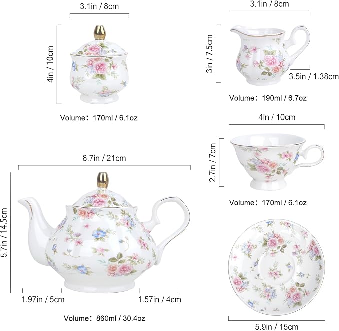 fanquare 21 Pieces Pink Blue Floral Porcelain Tea Set - Image 6