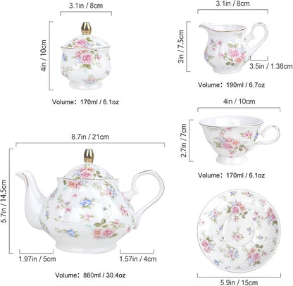 fanquare 21 Pieces Pink Blue Floral Porcelain Tea Set - Image 6