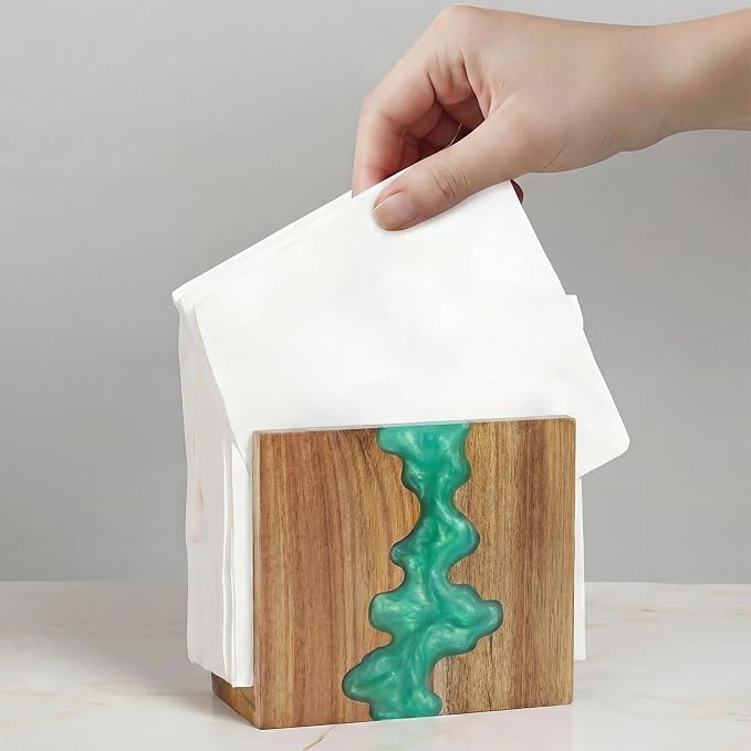 Glow in The Dark Napkin Holder, Acacia Wood & Fluorescent Green Epoxy Resin - Image 8