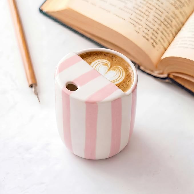 Ceramic Mug with Sip Hole 10 oz Novelty Pink Striped Ceramic Coffee Mug Hand - Image 7