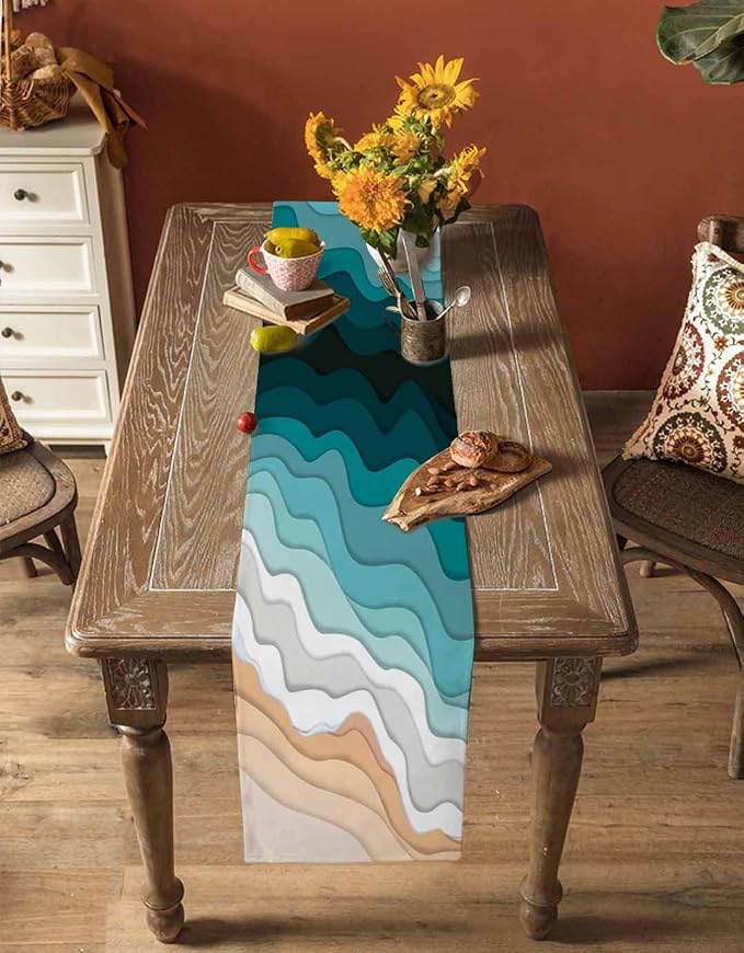 Turquoise Geometric Beach Short Table Runners 36 Inches, Cotton Linen Fabric - Image 4
