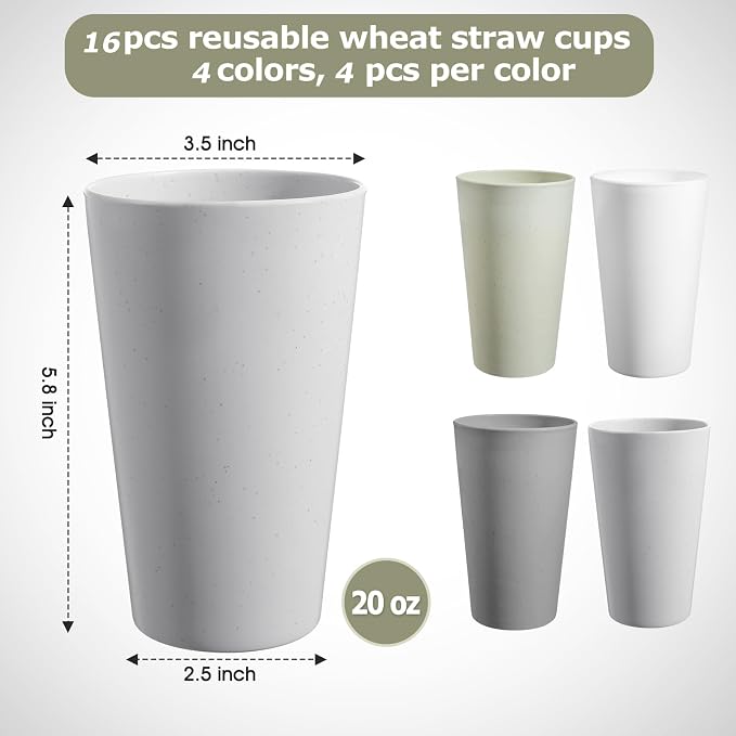 HEYCOME Set of 16 Wheat Straw Cups, Reusable Plastic Cups Sets, Water Glasses - Image 2