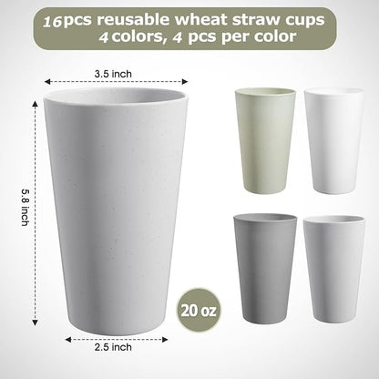 HEYCOME Set of 16 Wheat Straw Cups, Reusable Plastic Cups Sets, Water Glasses - Image 2