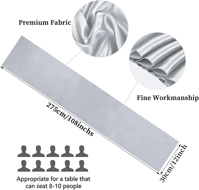 10-Pack Silver 12 x 108 inche Long Premium Satin Table Runner | Wedding - Image 2