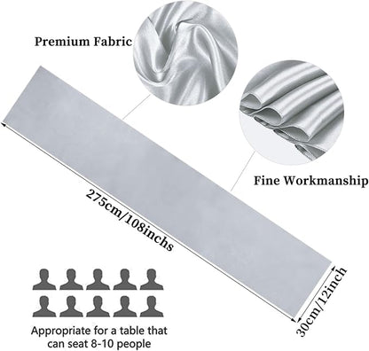 10-Pack Silver 12 x 108 inche Long Premium Satin Table Runner | Wedding - Image 2