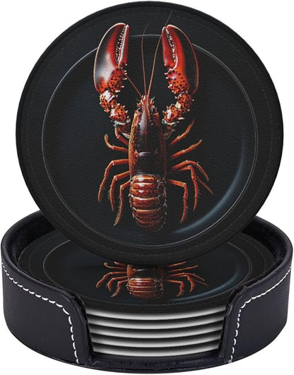 Lobster on a Plate Printed Leather Coasters for Drinks, Set of 6 Drink Coaster Dining Room Decor Cup Coasters
