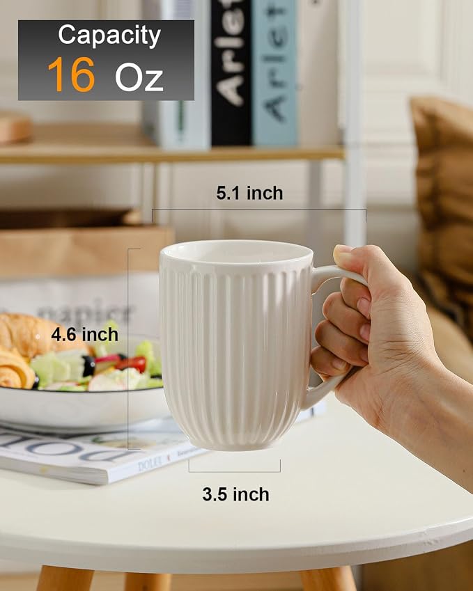HASENSE Ceramic Coffee Mugs Set of 6, 16 Oz Large Ribbed Coffee Cups - Image 3