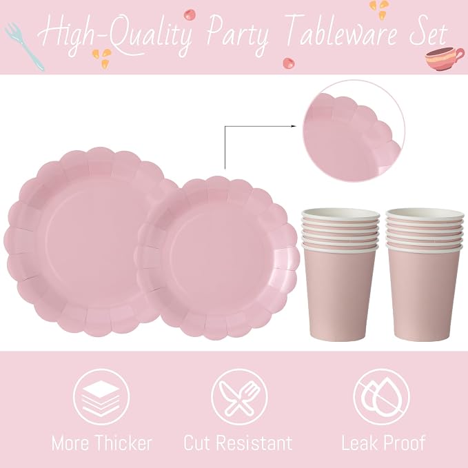 Yaomiao 168 Pcs Dusty Pink Dinnerware Sets Blush Pink Plates Round Disposable - Image 3