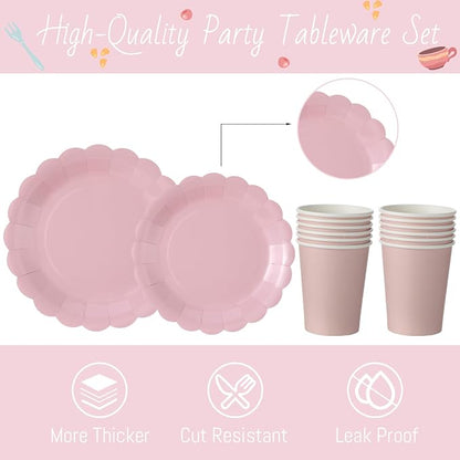 Yaomiao 168 Pcs Dusty Pink Dinnerware Sets Blush Pink Plates Round Disposable - Image 3