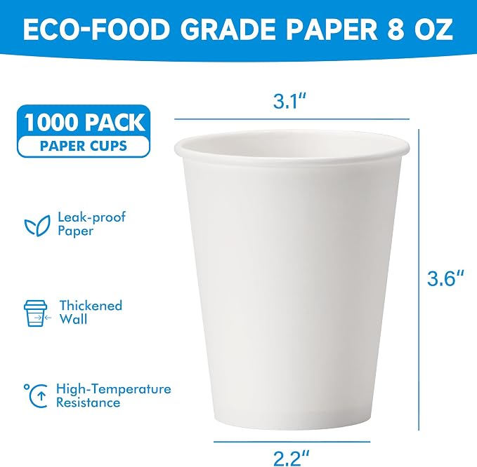 RACETOP 8 oz 1000 Pack Disposable Paper Coffee Cups, Paper Cups 8 oz Disposable - Image 2
