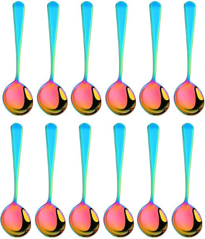 Broth Round Spoon Set, 12-Piece Reusable Stainless Steel Dinner Table Cereal by BISDARUN