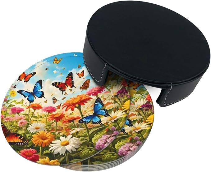 Drink Coasters with Holder Stand Set of 6, Bright Flower Butterfly Pu Leather - Image 5
