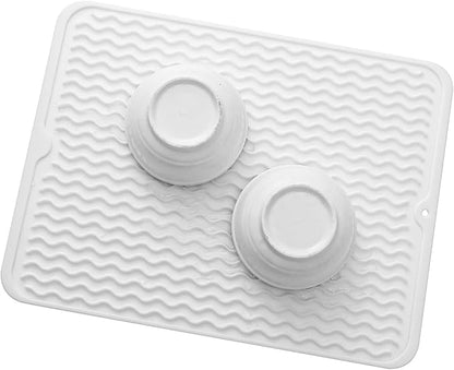 Silicone Dish Drying Mat for Multiple Usage,Easy clean,Eco-friendly,Heat-resistant Silicone Mat for Kitchen Counter or Sink,Refrigerator or drawer liner White L 16 inches x 12 inches