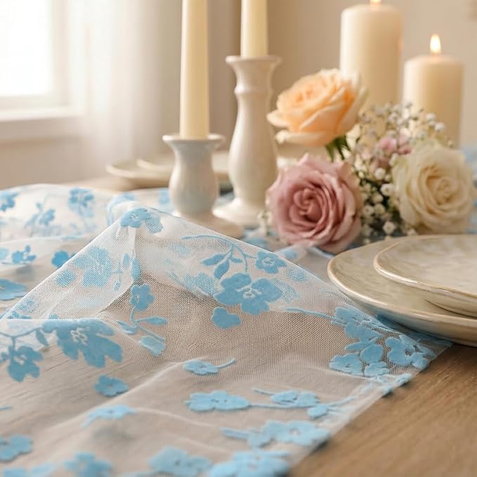 Artoid Mode Light Blue Gauze Flocking Flowers Table Runner 10FT, Spring Sheer - Image 6