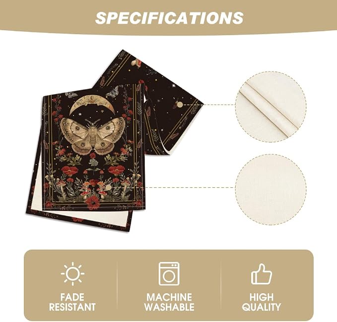Artoid Mode Poppy Moth Mushroom Moon Fall Table Runner, Seasonal Autumn Kitchen - Image 5