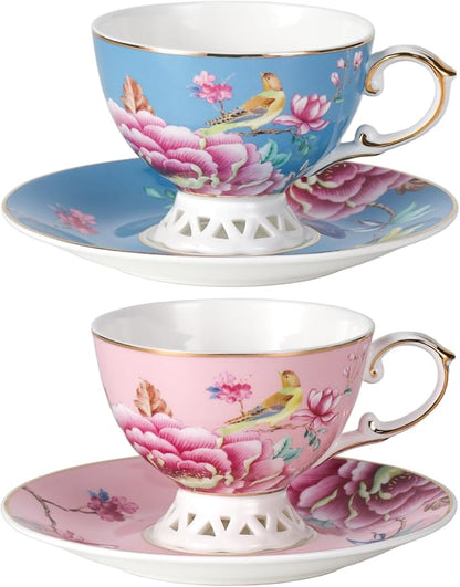KAMMAK Tea Cups and Saucers Set of 2, Fine Bone China Coffee Cups, GH019 | by KAMMAK