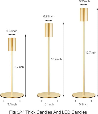 French Gold Candlestick Holders Set of 3, Decor Taper Candle Holder for Wedding, Dinning, Party,Fits 3/4 Inch Thick Candle