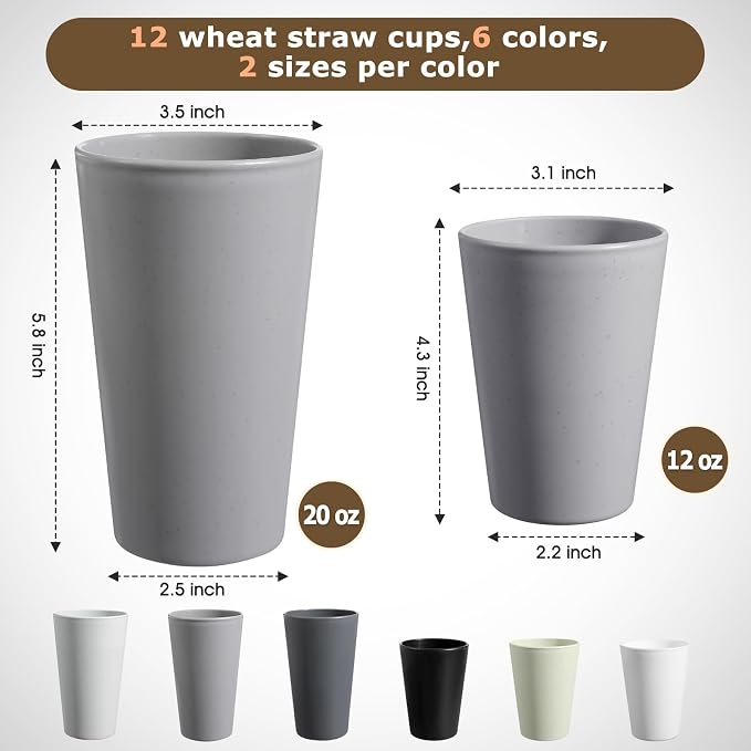 HEYCOME Set of 12 Wheat Straw Cups, Reusable Plastic Cups Sets, Water Glasses - Image 2