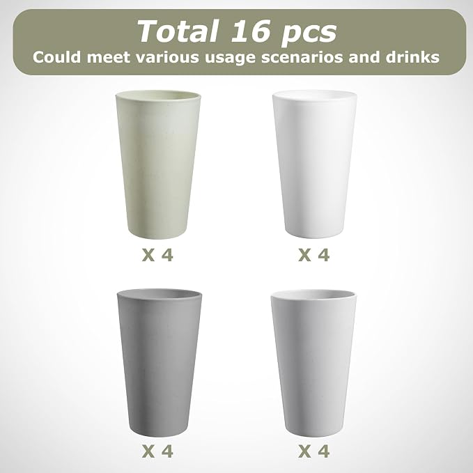 HEYCOME Set of 16 Wheat Straw Cups, Reusable Plastic Cups Sets, Water Glasses - Image 3