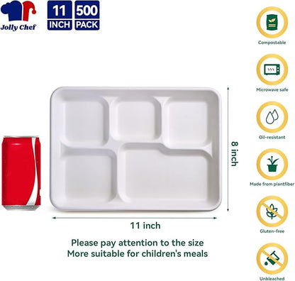 JOLLY CHEF Compostable 𝟱 Compartment Paper Plates 𝟭𝟭 * 𝟴 𝗶𝗻𝗰𝗵 [𝟱𝟬𝟬 𝗣𝗮𝗰𝗸] Heavy Duty White Divided Disposable Plate Eco-Friendly Biodegradable Food Trays for Party Lunch Dinner Christmas