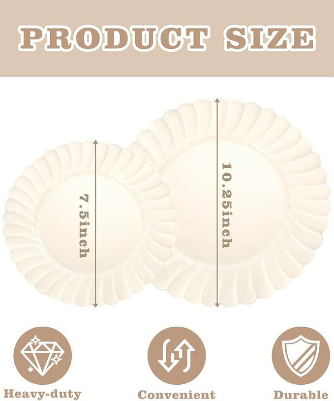 YOUBET 100PCS Ivory Scalloped Plastic Plates - Image 2