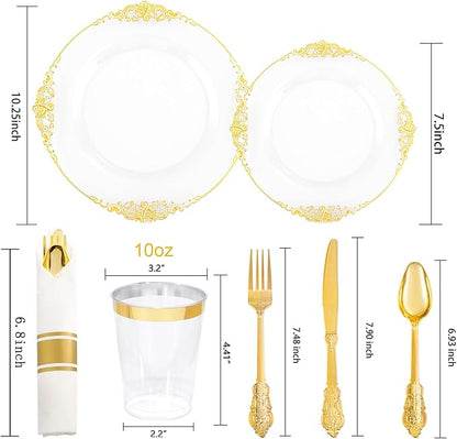Hioasis 210pcs White and Gold Plates - White Party Plates for 30 Guest, Include 60 Heavy-duty Plates(20% Thicker Than Standard), 30 Pre Rolled Gold Plastic Silverware Set, 30 Cups