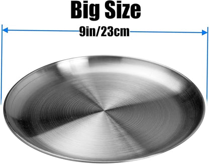 Stainless Steel Plates 9 inch 304 Metal Lightweight Unbreakable Dinner Dishes Plates Set Non-Toxin Dishwasher Safe BPA Free and Healthy (10 Pcs)