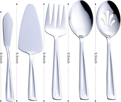 Hostess Serving Utensil Set, GoGeiLi 5-Piece Stainless Steel Flatware Silverware Serving Set, Include Pie Server, Serving Spoon, Slotted Serving Spoon, Serving Fork and Spreader Knife
