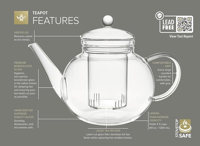 Teabloom Complete Glass Tea Set – Teapot, Loose Tea Infuser, 4 Insulated Teacups - Image 3