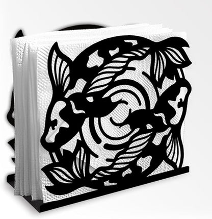 Koi Fish Decorative Black Metal Napkin Holder for Table, 5.3" x 4.9" x 1.9" Fish Animal Standing Napkin Holder for Home Kitchen Restaurant Picnic Party Coffee Bar Dining Room