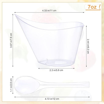 100 Pack Clear Plastic Dessert Cups with Tasting Spoons, Appetizer Cups Yogurt Parfait Bowls with Spoons for Party Supplies Catering Chocolate Desserts Buffet Food Display (7 oz)