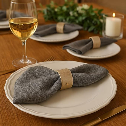 Luxury Leather Napkin Rings Set of 8, Champagne, Morgan Faux Style, Modern Cuff Design for Wedding Party Decorations, Kitchen, Holiday Table,Rust Proof,Hotel, Home, Table Accessories, Dining