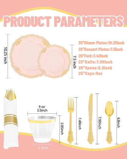 Ciaell 350 PCS Pink Plastic Plates - Pink and Gold Disposable Plates Include 50 Disposable Plate, 150 Heavy Duty Silverware, 50 Cups, 50 Napkins for Wedding & Party & Anniversary & Valentine's Day