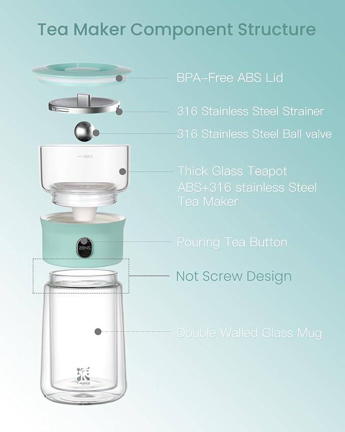 ZENS Modern Glass Infuser Teapot, One Touch Tea Release Loose Tea Maker | Loose - Image 7
