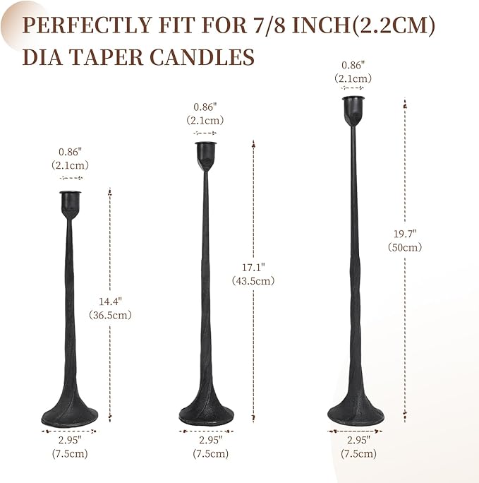 Iron Black Candlestick Holders, Set of 3 Candle Stick Holders,Fits 3/4 inch Thick Candle&Led Candles, Vintage Modern Decorative Centerpiece for Dining Table Centerpiece, Wedding, Party Decor