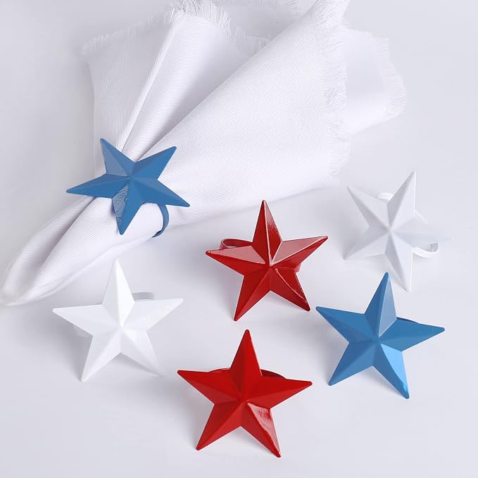 Patriotic Napkin Rings Set of 6, Star Napkin Ring Holders by wonlex