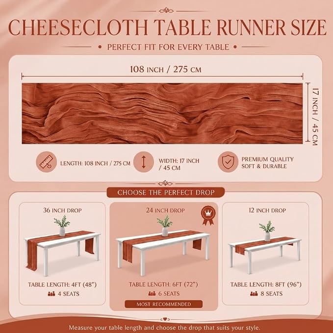 2 Pack Terracotta Cheesecloth Table Runner 17x108 Inch Boho Rustic Semi Sheer - Image 3
