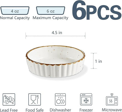 ONEMORE Ramekins 4 oz - Oven Safe Shallow Ramekins with Brown Rim for Creme Brulee - Speckled, Fluted, Set of 6