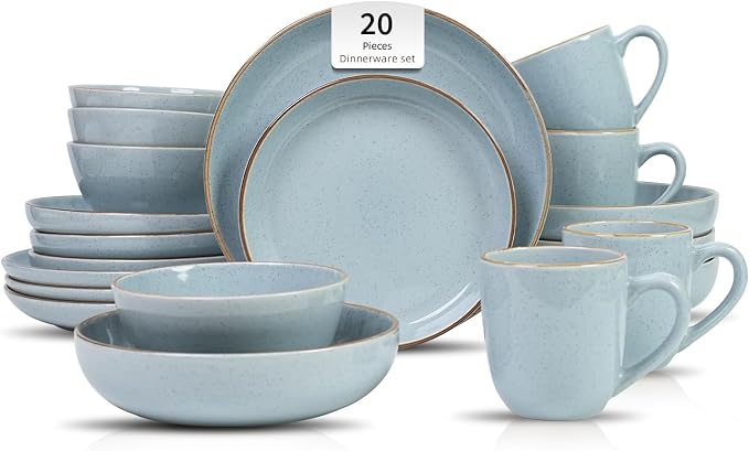Stoneware Euro-Nordic 20pc Dinnerware Set, Shiny Light Blue by HomeVSS