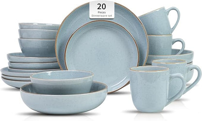 Stoneware Euro-Nordic 20pc Dinnerware Set, Shiny Light Blue by HomeVSS