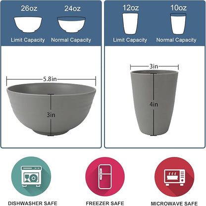Wrova 40Pack plates and bowls sets for kitchen - Unbreakable wheat straw dinnerware sets service for 8 - Alternative plastic 40pcs dish sets for picnic,camping and R.V. - (Grey)